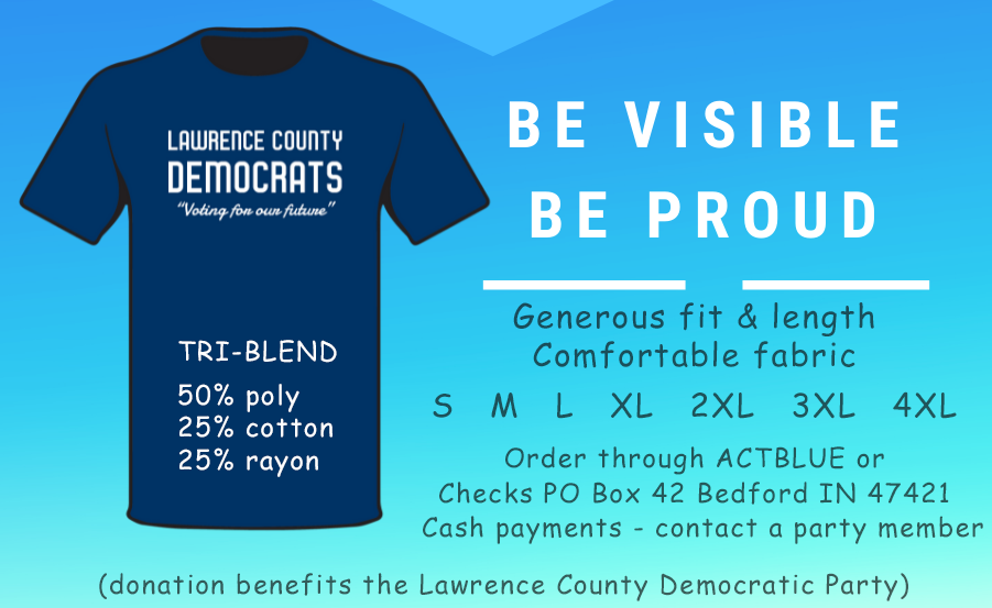 Promo flyer for the Lawrence County Democrats t-shirt, showing the shirt, sizes S through 4XL, the tri-blend fabric and the price